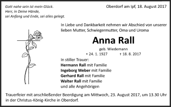 Traueranzeige von Anna Rall von Schwäbische Post