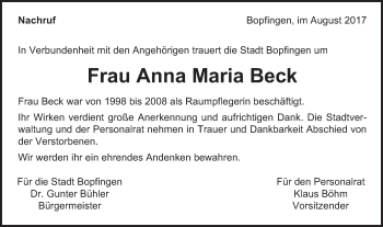 Traueranzeige von Anna Maria Beck von Bopfinger Stadtanzeiger