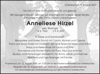 Traueranzeige von Anneliese Hirzel von Schwäbische Post