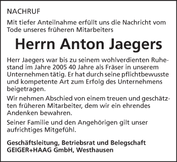 Traueranzeige von Anton Jaegers von Schwäbische Post