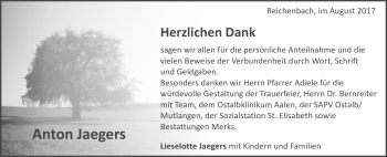 Traueranzeige von Anton Jaegers von Schwäbische Post