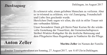 Traueranzeige von Anton Zeller von Schwäbische Post