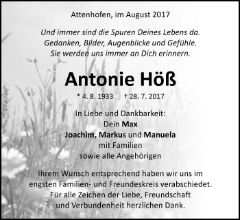 Traueranzeige von Antonie Höß von Schwäbische Post