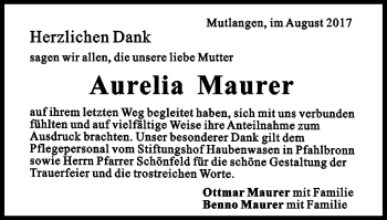 Traueranzeige von Aurelia Maurer von Gmünder Tagespost