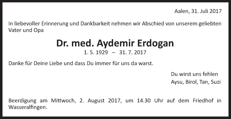  Traueranzeige für Aydemir Erdogan vom 01.08.2017 aus Schwäbische Post