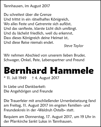 Traueranzeige von Bernhard Hammele von Schwäbische Post