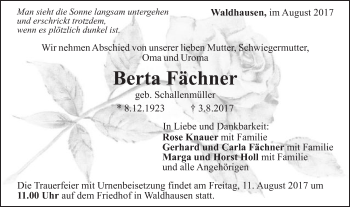 Traueranzeige von Berta Fächner von Gmünder Tagespost