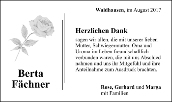 Traueranzeige von Berta Fächner von Gmünder Tagespost