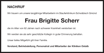 Traueranzeige von Brigitte Scherr von Gmünder Tagespost