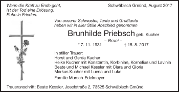 Traueranzeige von Brunhilde Priebsch von Gmünder Tagespost