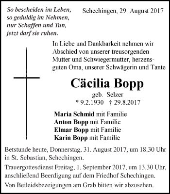 Traueranzeige von Cäcilia Bopp von Schwäbische Post