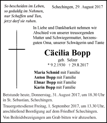 Traueranzeige von Cäcilia Bopp