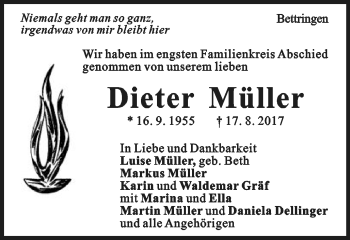Traueranzeige von Dieter Müller von Gmünder Tagespost