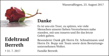 Traueranzeige von Edeltraud Berreth von Schwäbische Post