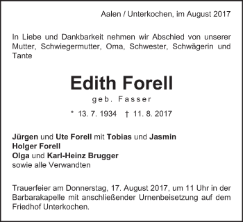 Traueranzeige von Edith Forell von Schwäbische Post
