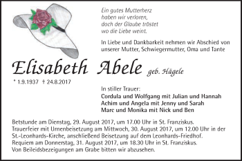 Traueranzeige von Elisabeth Abele von Gmünder Tagespost