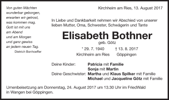 Traueranzeige von Elisabeth Bothner von Schwäbische Post