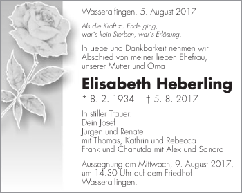 Traueranzeige von Elisabeth Heberling von Schwäbische Post