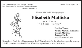 Traueranzeige von Elisabeth Matticka von Schwäbische Post