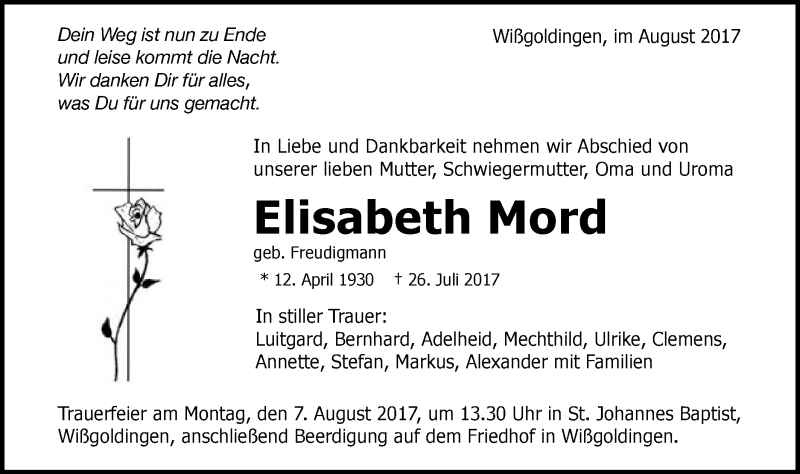 Traueranzeige für Elisabeth Mord vom 03.08.2017 aus Gmünder Tagespost