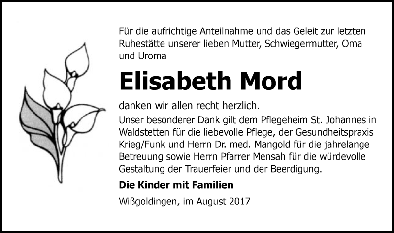  Traueranzeige für Elisabeth Mord vom 19.08.2017 aus Gmünder Tagespost