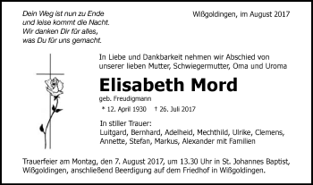 Traueranzeige von Elisabeth Mord von Gmünder Tagespost