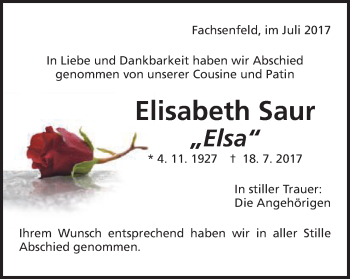Traueranzeige von Elisabeth Saur von Schwäbische Post