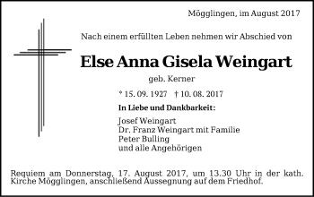 Traueranzeige von Else Anna Gisela Weingart von Gmünder Tagespost