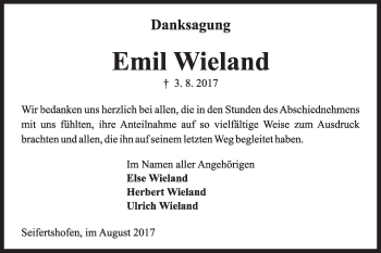 Traueranzeige von Emil Wieland von Gmünder Tagespost