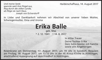 Traueranzeige von Erika Balle von Schwäbische Post