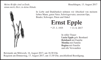 Traueranzeige von Ernst Epple von Gmünder Tagespost