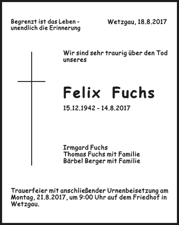 Traueranzeige von Felix Fuchs von Gmünder Tagespost