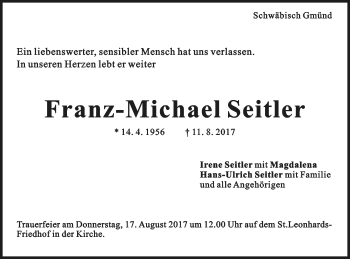 Traueranzeige von Franz-Michael Seitler von Gmünder Tagespost
