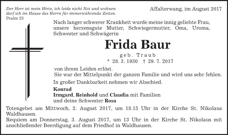  Traueranzeige für Frida Baur vom 01.08.2017 aus Schwäbische Post