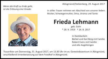 Traueranzeige von Frieda Lehmann von Schwäbische Post