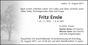 Traueranzeige von Fritz Ensle von Schwäbische Post