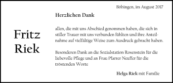 Traueranzeige von Fritz Riek von Gmünder Tagespost