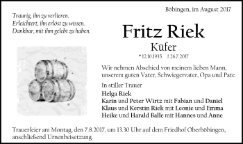 Traueranzeige von Fritz Riek von Gmünder Tagespost