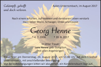 Traueranzeige von Georg Henne von Schwäbische Post