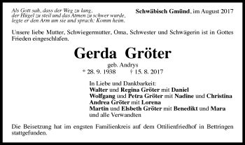 Traueranzeige von Gerda Gröter von Gmünder Tagespost