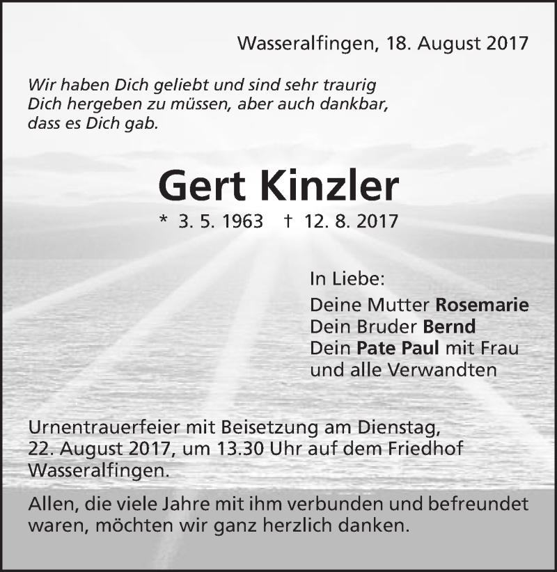  Traueranzeige für Gert Kinzler vom 18.08.2017 aus Schwäbische Post