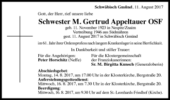 Traueranzeige von Gertrud Appeltauer von Gmünder Tagespost