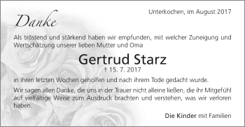 Traueranzeige von Gertrud Starz von Schwäbische Post