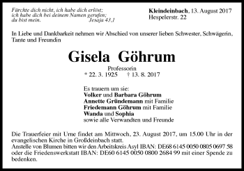 Traueranzeige von Gisela Göhrum von Gmünder Tagespost