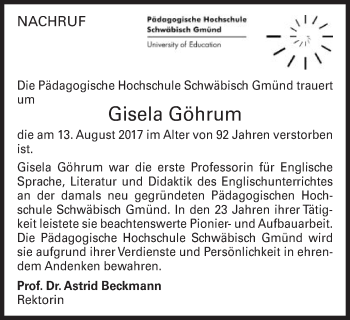 Traueranzeige von Gisela Göhrum von Gmünder Tagespost