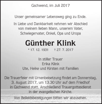 Traueranzeige von Günther Klink von Gmünder Tagespost