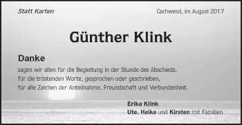 Traueranzeige von Günther Klink von Gmünder Tagespost
