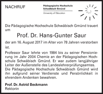 Traueranzeige von Hans-Gunter Saur von Gmünder Tagespost