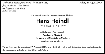 Traueranzeige von Hans Heindl von Schwäbische Post