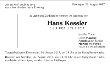 Traueranzeige von Hans Kessler von Schwäbische Post